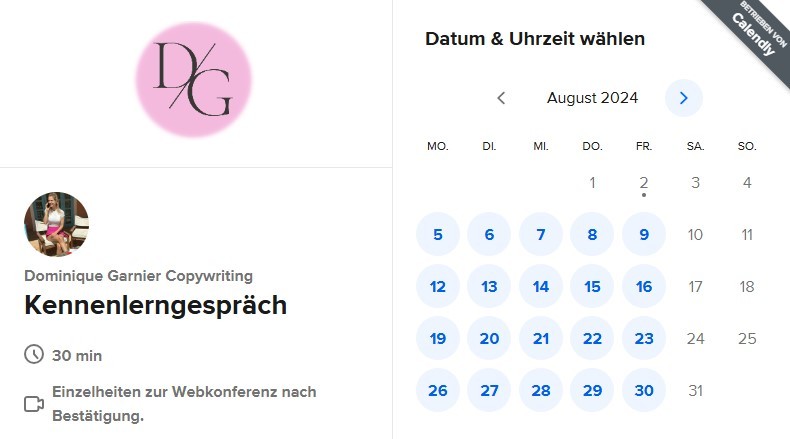 Ein Screenshot des Calendly-Kalenders, flankiert von einem Porträtfoto links und einer Kalenderansicht rechts, illustriert die Möglichkeit, ein Beratungsgespräch zu planen.